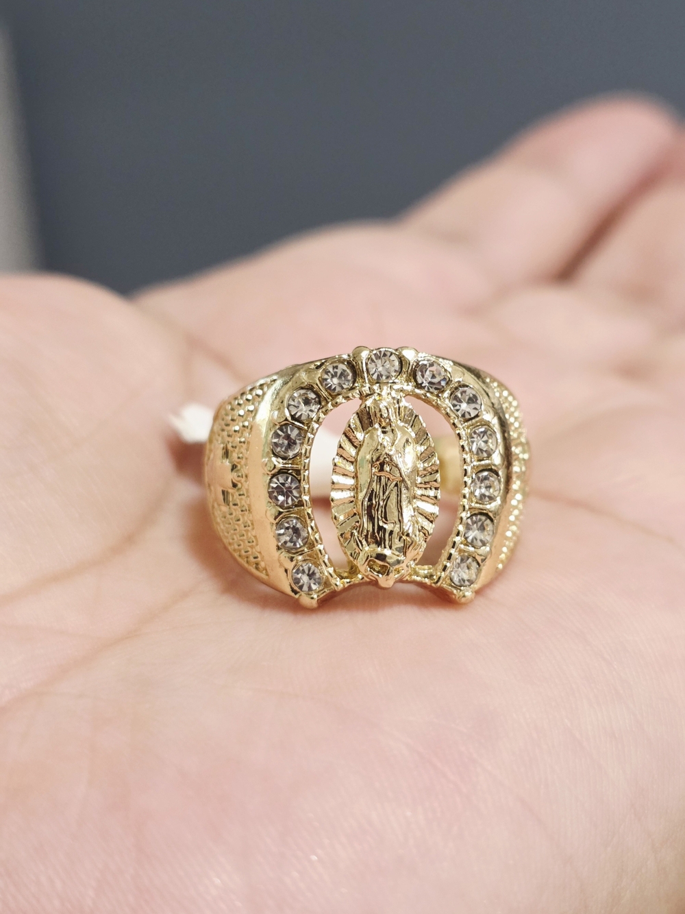 Gold-Tone Virgin Mary Ring with Clear Crystal Accents